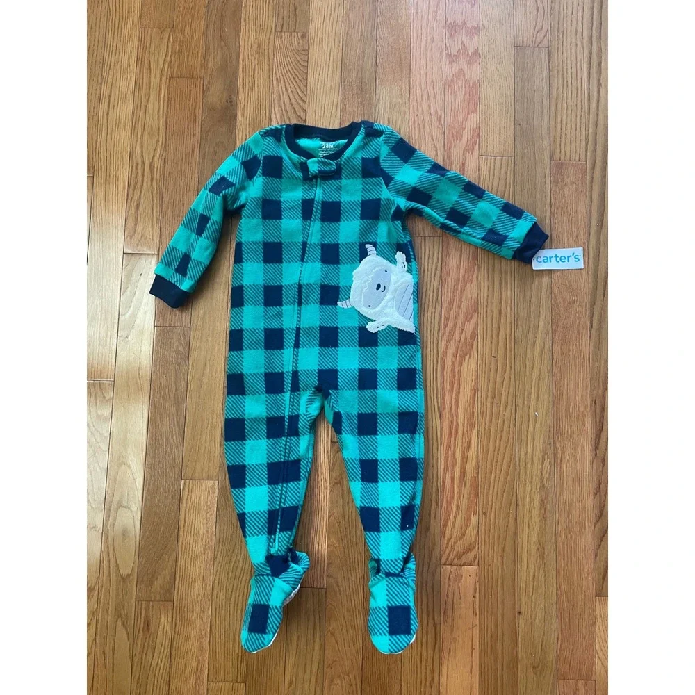 Carters 24M Teal Navy Buffalo Check Yeti Fleece Footed Sleeper Pajamas NWT